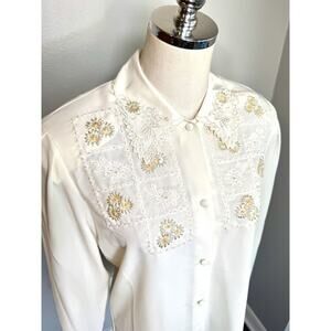 VTG Harbour Vue Embroidered/Sequined Beaded Cream Blouse Size 6 Cottagecore